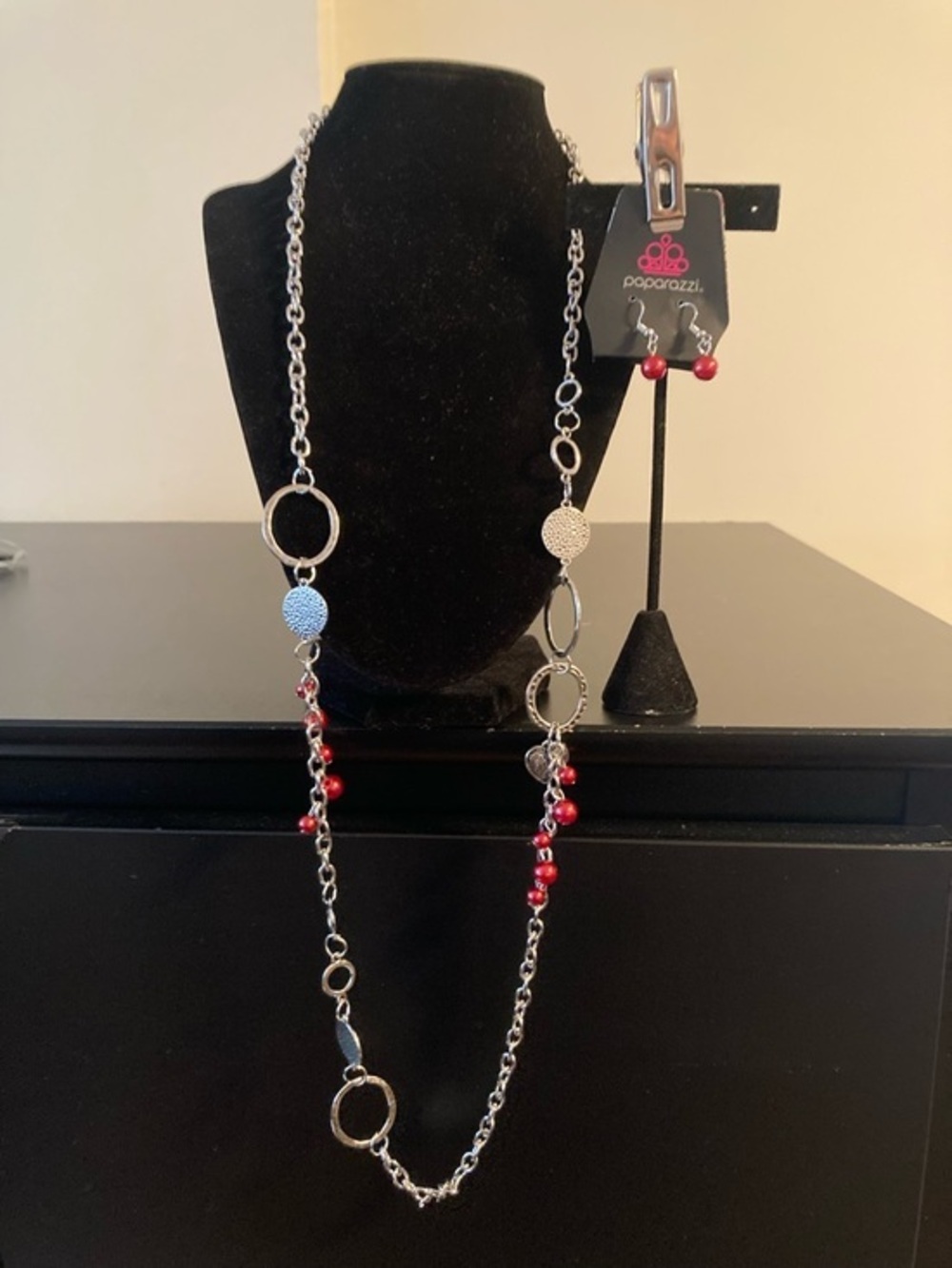 Paparazzi Silver-Tone Red Bead Long Necklace and Earrings Set